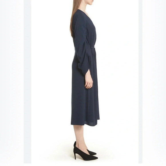 TIBI Navy Ruched Convertible Sleeve Stretch Crepe Midi V-Neck Dress Size 8 NWOT - Picture 5 of 14